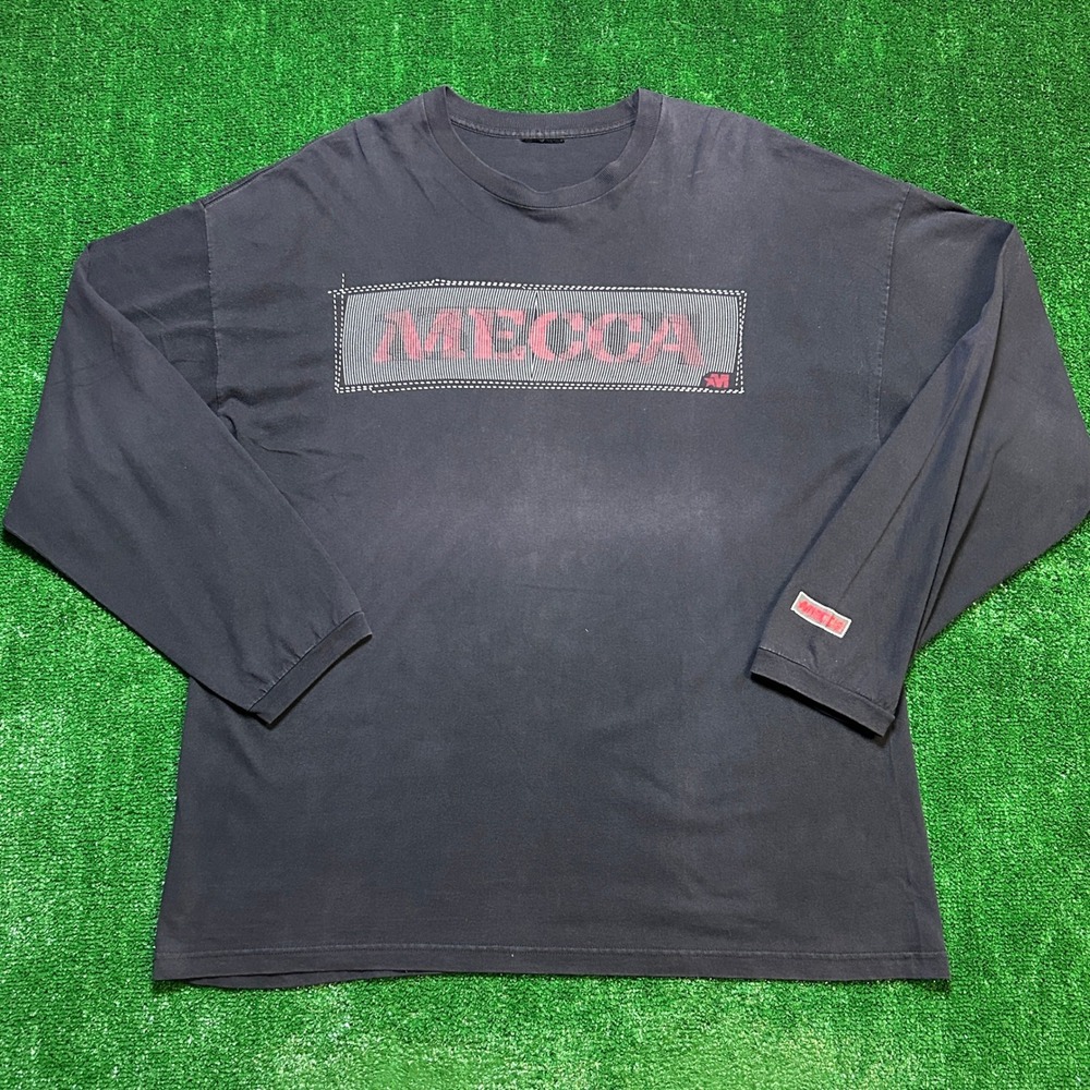 Y2K Skater Mecca Spell Out Long Sleeve Graphic Tee Faded Black XL